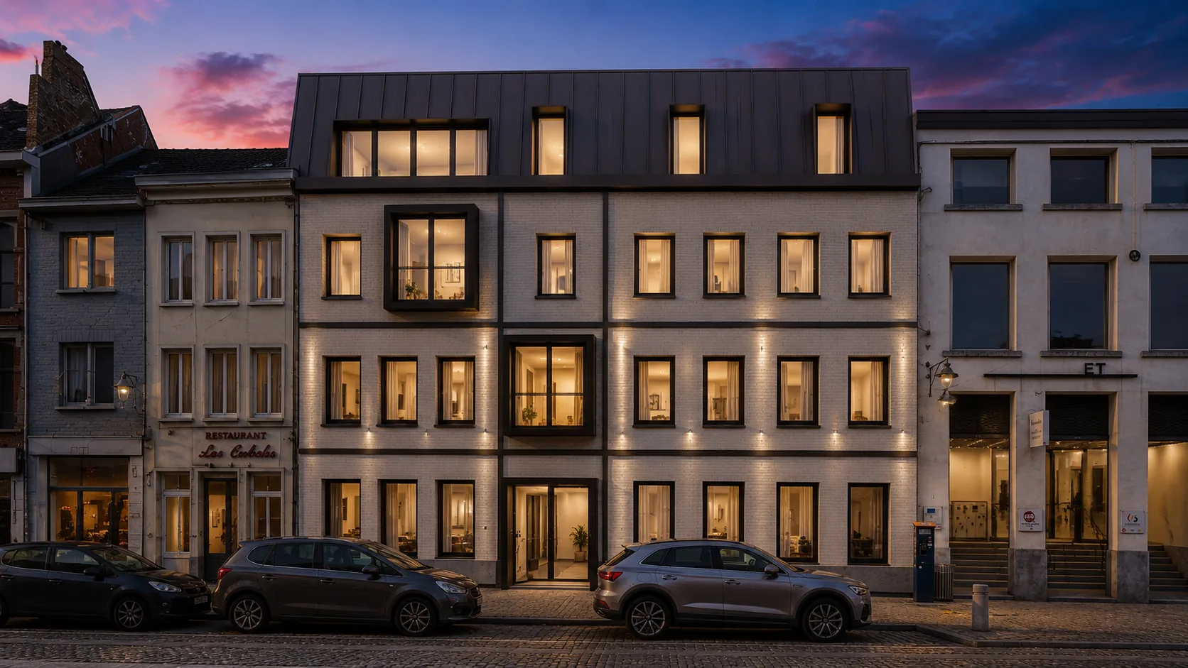 Façade rénovée du projet Cœur de Mons, immeuble de logements étudiants et appartements au centre de Mons
